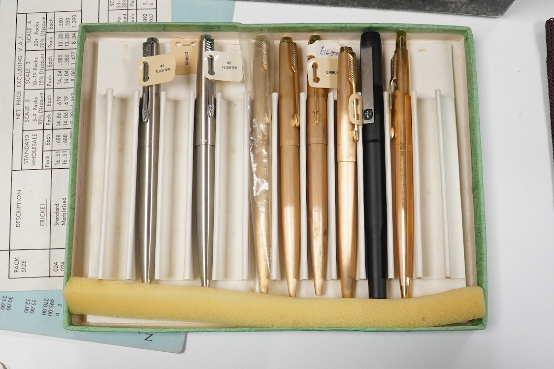 A folder of Parker and Sheaffer pens and ball pens, mostly boxed and a Parker Pen box containing eight items